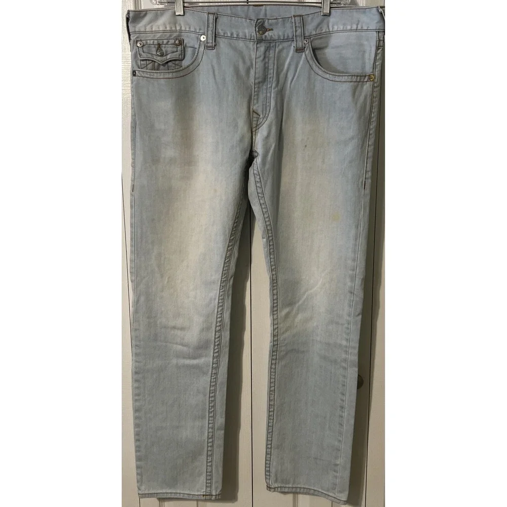 True Religion World Tour Light Wash Men's Skinny Flap Blue Jeans Size 40 (42x34)